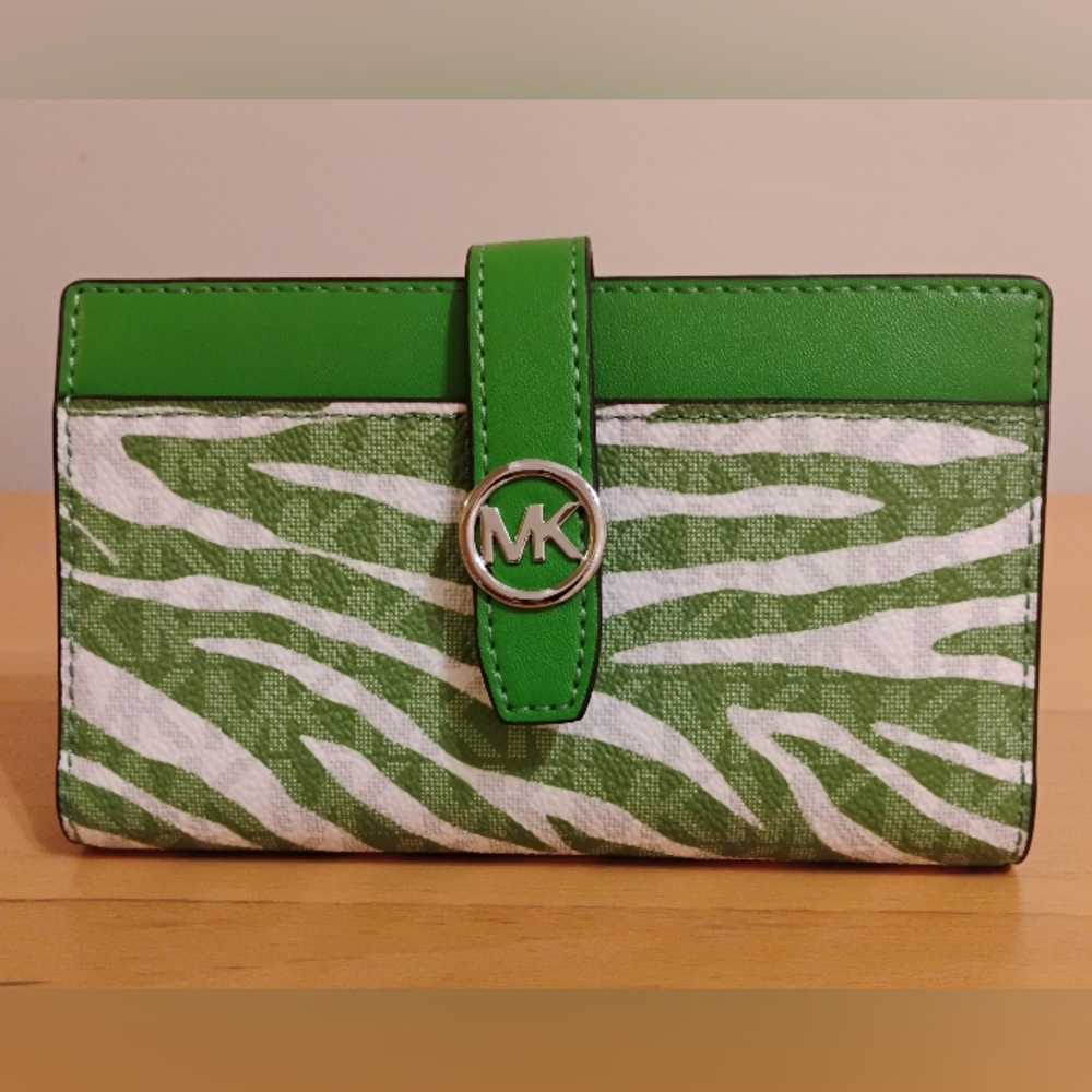 NWT Michael Kors Green Wallet - Medium With Zebra Stripes MSRP $258